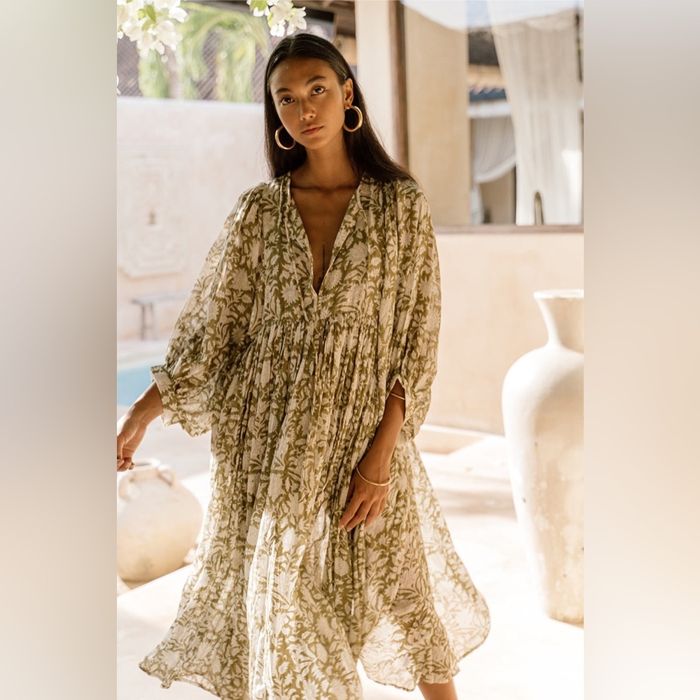 Daughters of India Olive Green and Cream Floral Tiered Maxi Dress